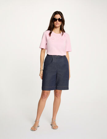 Pantal&oacute;n corto ancho de mezclilla denim crudo mujer