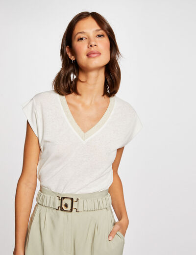 Camiseta manga corta con escote en V marfil mujer