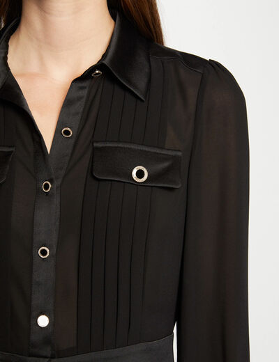 Camisa manga larga con pliegues negro mujer