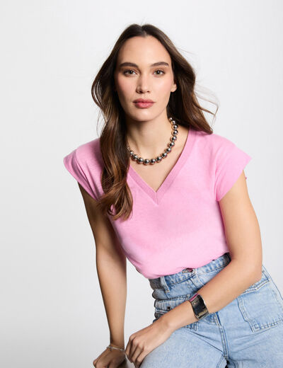 Camiseta manga corta con escote en V rosa mujer