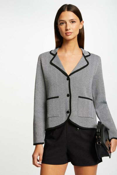 Chaqueta de punto estampado chevron negro mujer