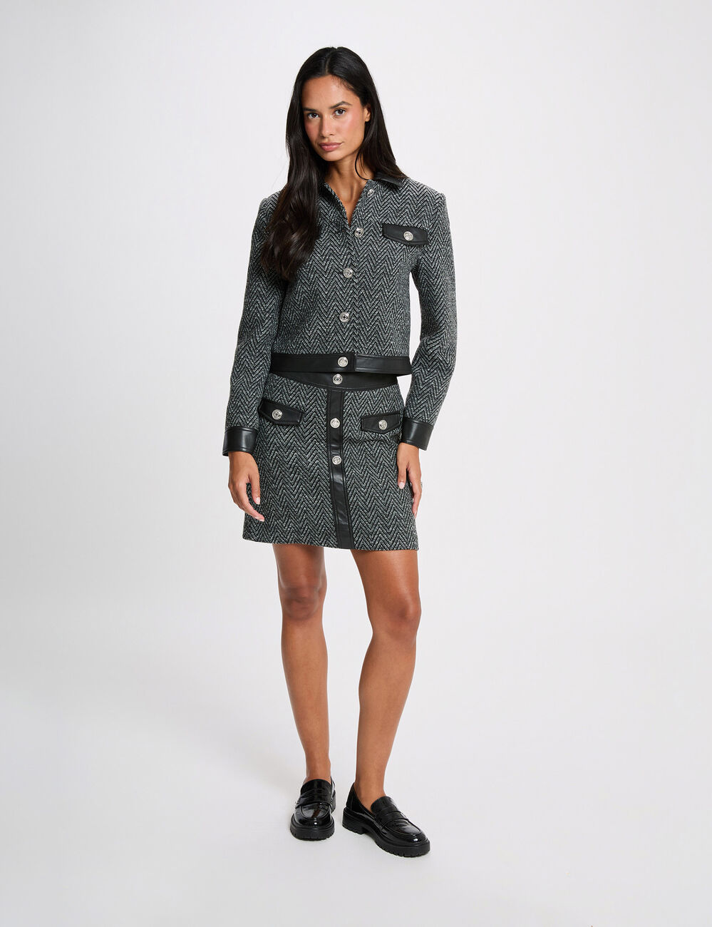 Chaqueta de tweed recta negro mujer