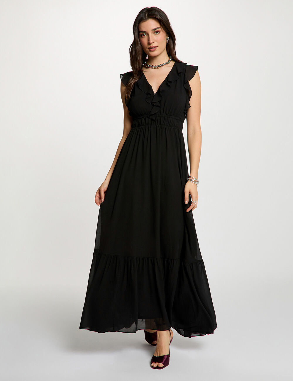 Vestido largo con cuello en v negro mujer