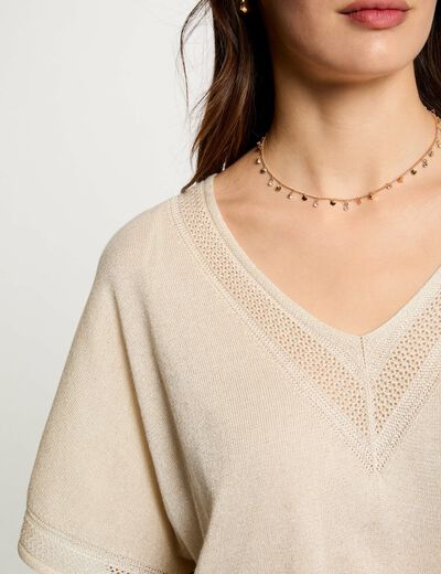 Jersey escote en V manga corta marfil mujer