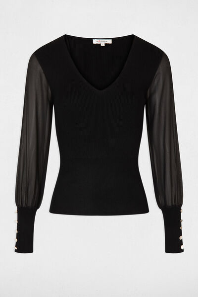 Jersey manga larga semi-transparente negro mujer