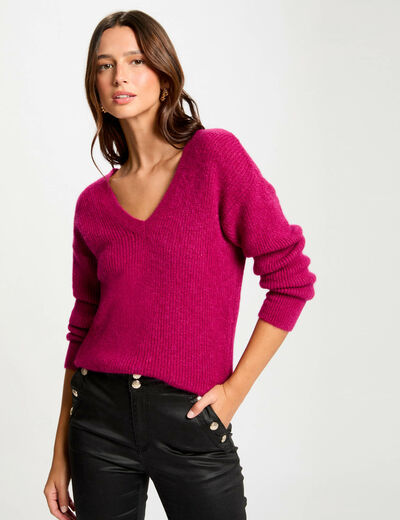 Jersey escote en V rosa oscuro mujer