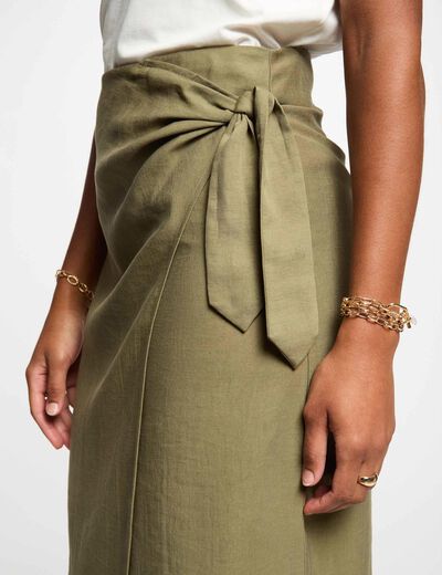 Falda midi cruzada verde caqui mujer