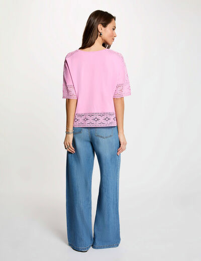 Camiseta de encaje cuello redondo rosa mujer