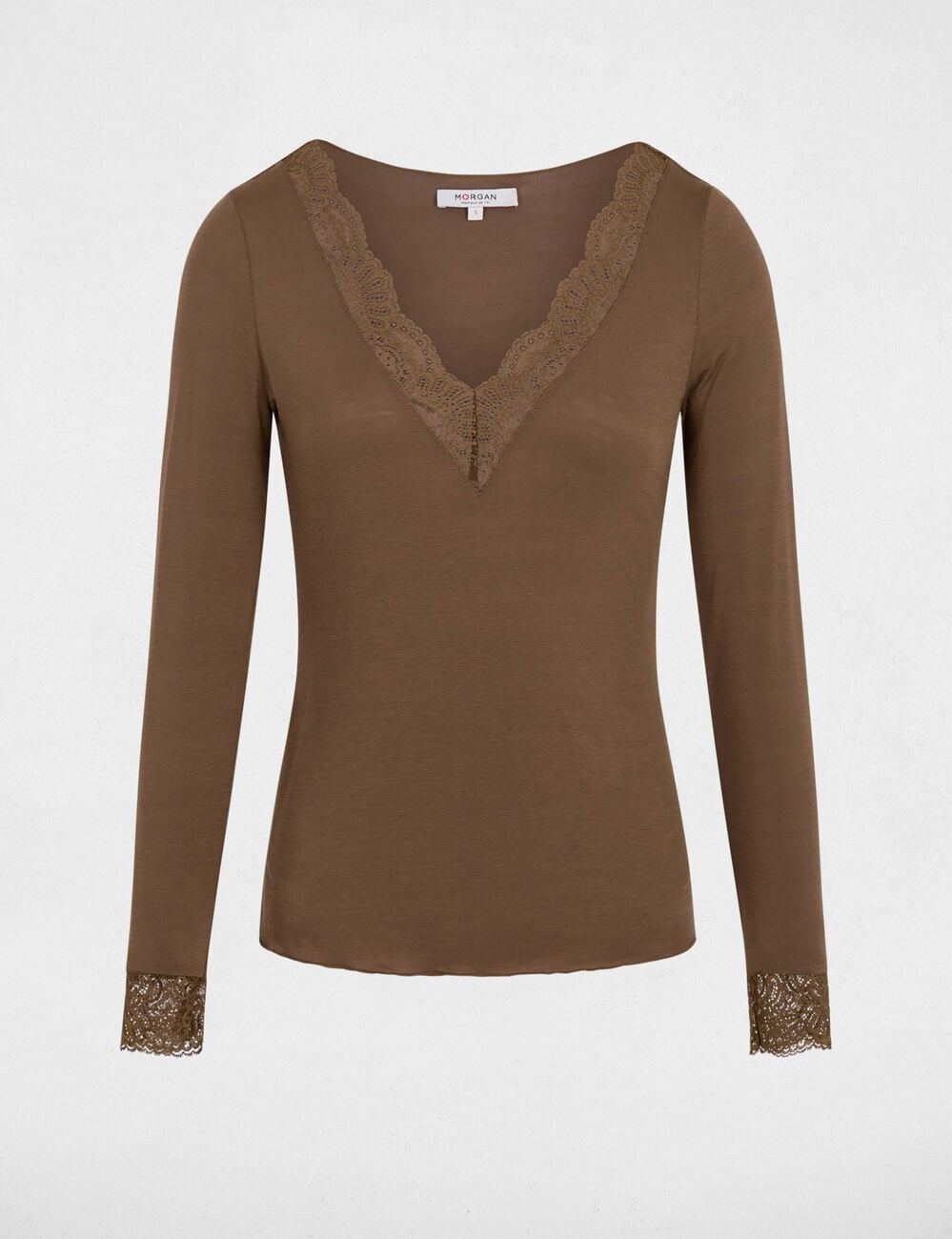 Camiseta cuello v encaje verde caqui mujer