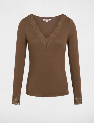 Camiseta cuello v encaje verde caqui mujer