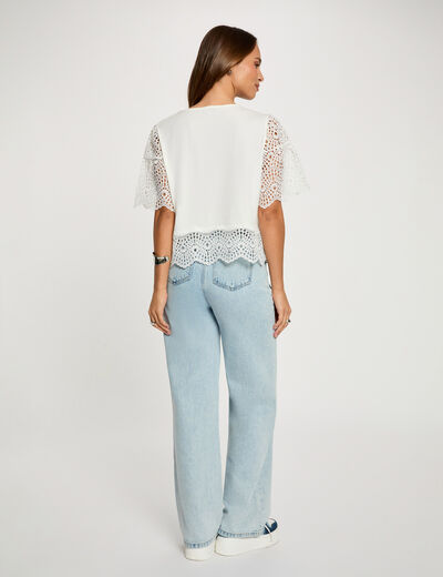 Camiseta de encaje con cuello redondo blanco mujer