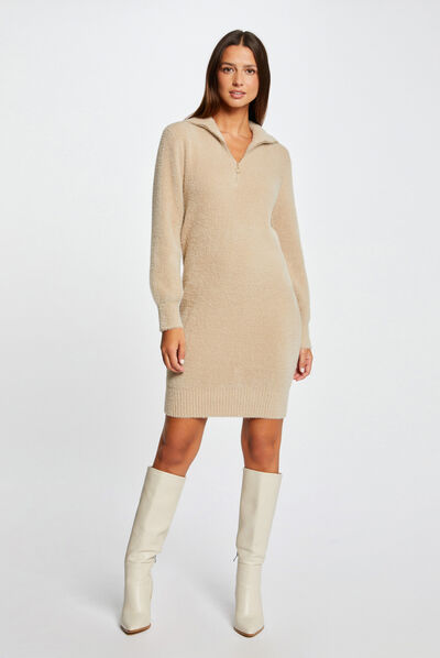 Vestido de punto cuello con cremallera beige mujer