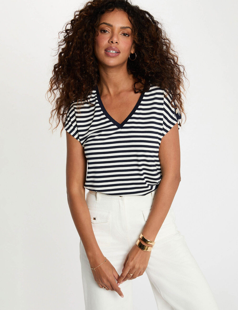 Camiseta de rayas con cuello v azul marino mujer
