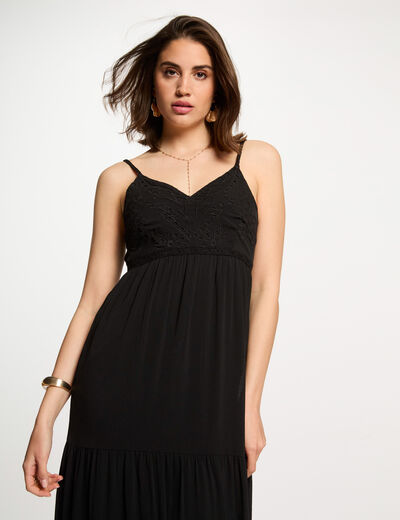 Vestido largo holgado bordado negro mujer