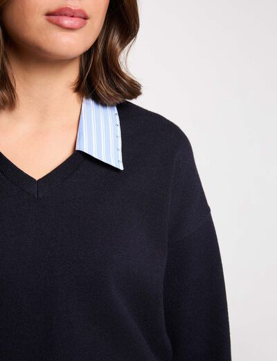 Jersey de rayas con cuello vuelto azul marino mujer