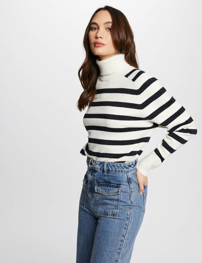 Jersey cuello tortuga rayas marfil mujer