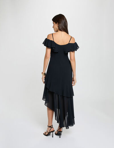 Vestido midi recto volantes azul marino mujer