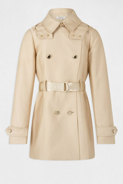 Gabardina recta con cinturón y capucha beige mujer