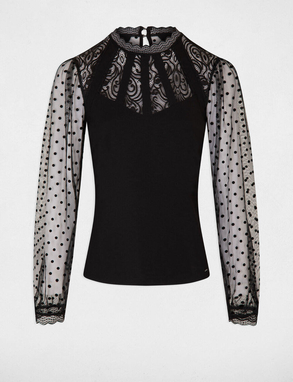 Camiseta manga larga con encaje negro mujer