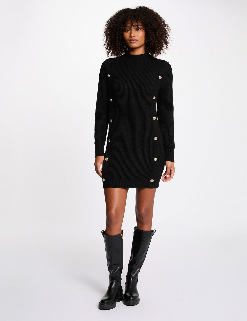 Vestido de punto corto cuello redondo negro mujer