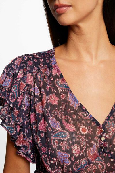 Blusa manga corta estampado cachemira marino mujer