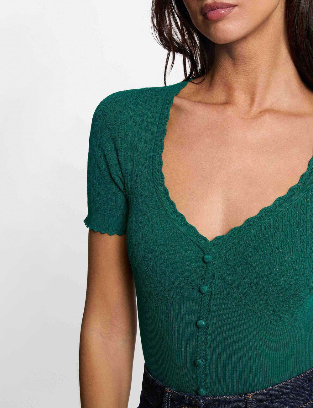 Jersey ajustado con cuello en V verde mujer