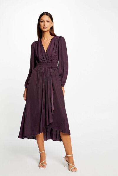 Vestido midi cruzado de satén ciruela mujer