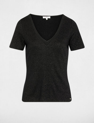 Camiseta entallada cuello v negro mujer