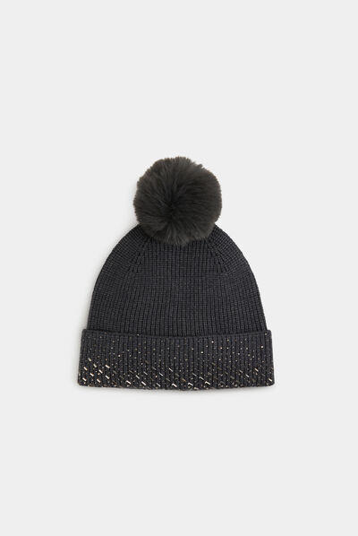 Gorro con strass y pompón gris moyen mujer
