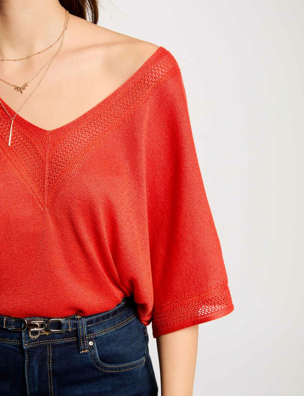 Jersey escote en V manga corta naranja oscuro mujer