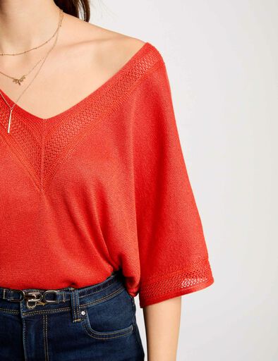 jersey escote en v manga corta naranja oscuro mujer Jersey escote en V manga corta naranja oscuro mujer