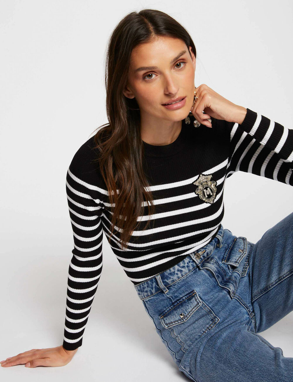 Jersey manga larga con rayas negro mujer