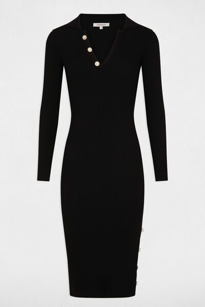 Vestido de punto ajustado con botones negro mujer