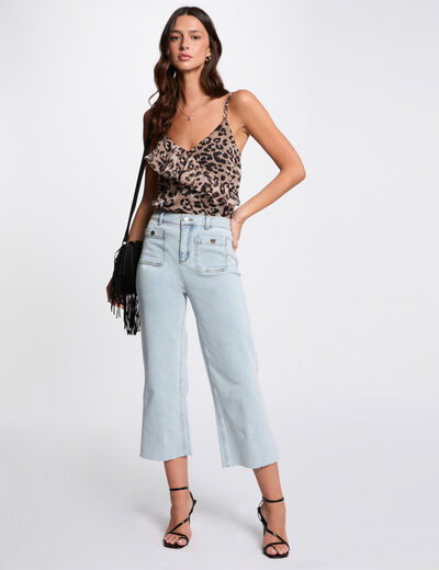 Pantalón pernera ancha denim descolorido mujer