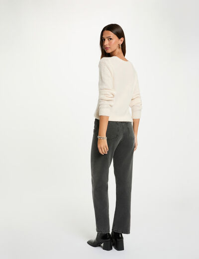 Jersey corto con cuello en v marfil mujer