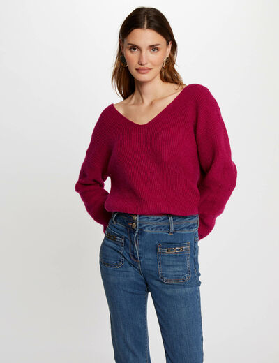 Jersey escote en V abotonado rosa oscuro mujer