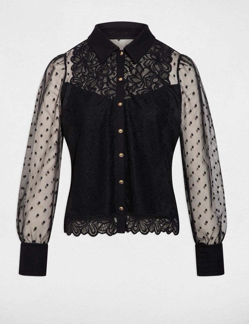 Camiseta de encaje manga larga negro mujer