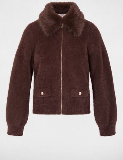 Chaqueta con cuello de piel marr&oacute;n oscuro mujer