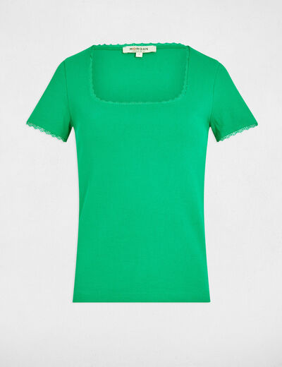 Camiseta acanalada manga corta verde emeralda mujer