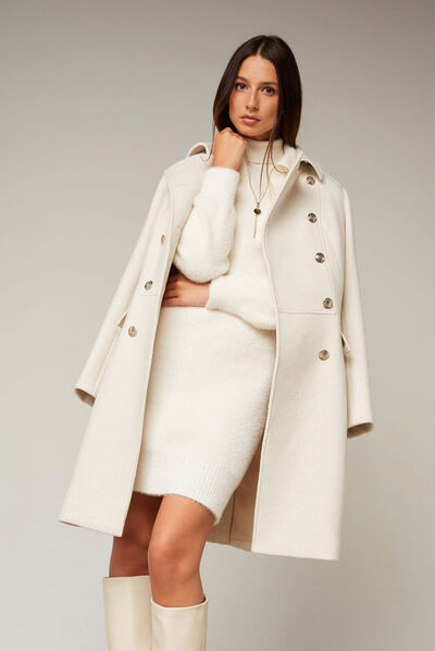 Abrigo recto abotonado beige mujer