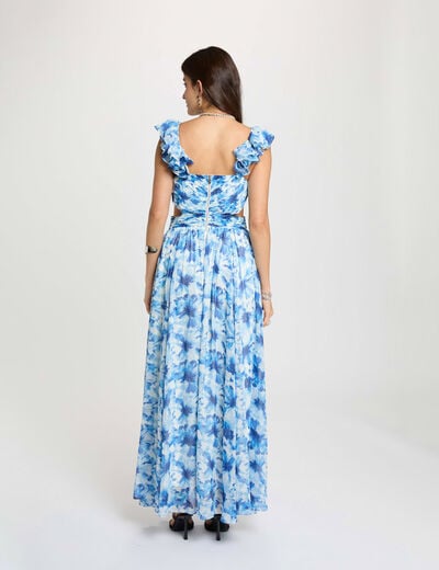 Vestido largo floral acampanado azul marino mujer