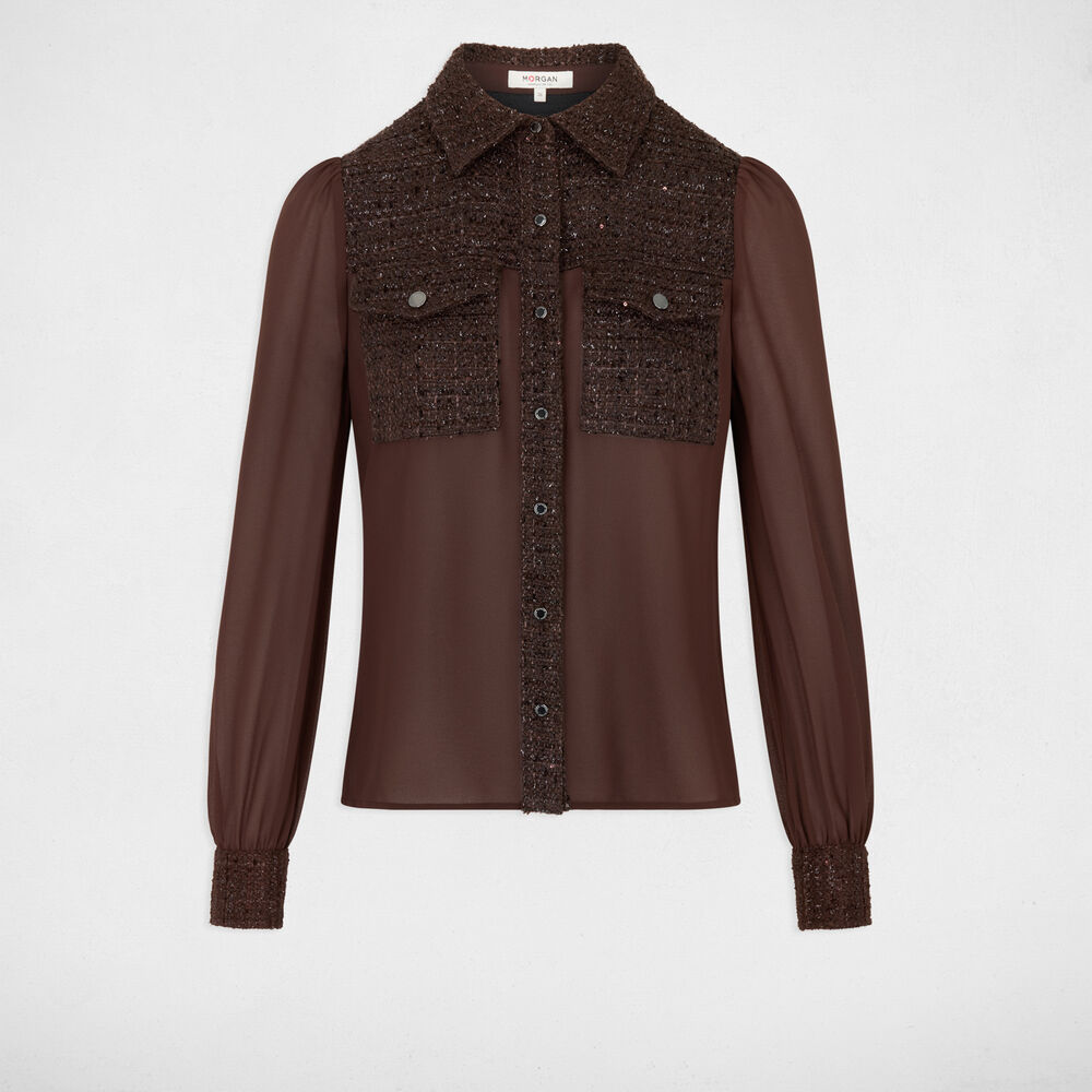 Camisa de tweed con cuello vuelto marr&oacute;n oscuro mujer