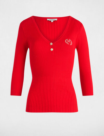 Jersey acanalado escote en V rojo mujer