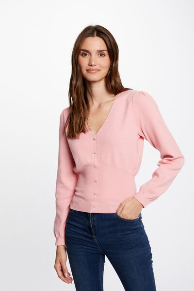 Jersey manga larga con escote en V rosa medio mujer