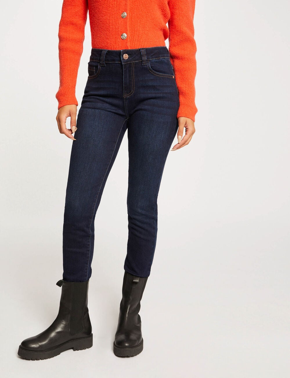Vaquero slim talle alto denim crudo mujer