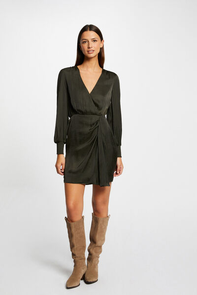 Vestido entallado drapeado de satén verde oscuro mujer