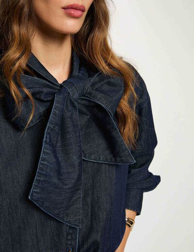 Camisa vaquera con lazada denim crudo mujer