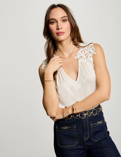 Top de encaje sin mangas blanco mujer