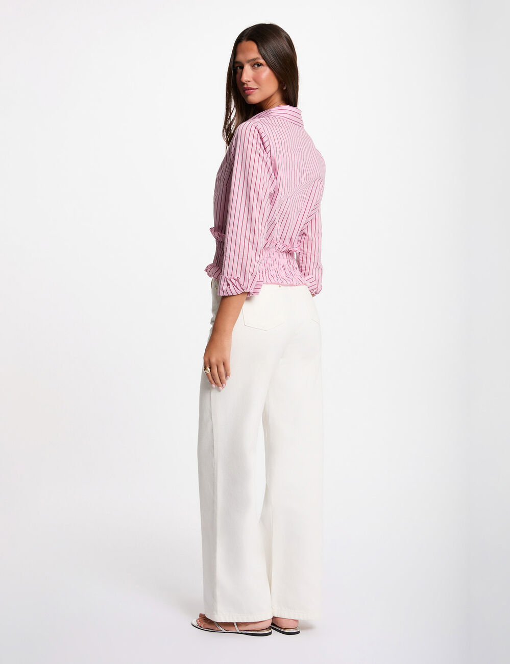 Camisa de rayas con cuello vuelto rosa mujer
