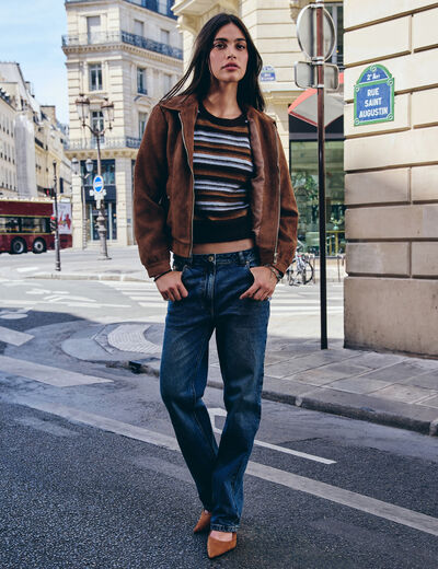 Vaqueros rectos de tiro alto denim stone mujer